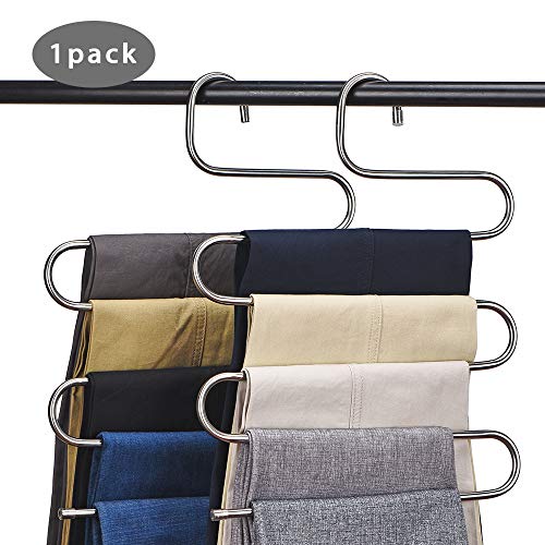 Multi-Purpose Pants Hangers, CEISPOB S-type 5 Layers Stainless Steel Clothes Hangers Storage Pant Rack Closet Space Saver for Trousers Jeans Towels Scarf Tie (1 pack)