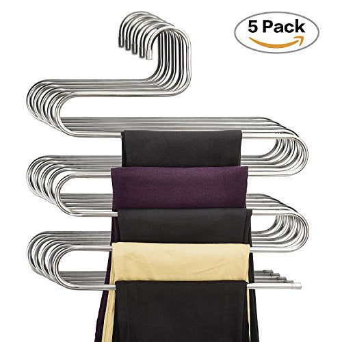 Pants Hangers DEXING S-type Multi-Purpose Stainless Steel Magic Space Saving Hangers Clothes Organizer for Trousers Towels Ties and Scarfs (5 Pcs)