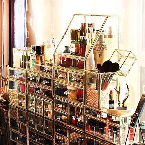 Save on antique spacious mirror glass drawers set vanity dresser gold makeup storage stunning cube beauty display it consists of 4separate organizers dustproof for skincare pallete perfumes brushes makeup