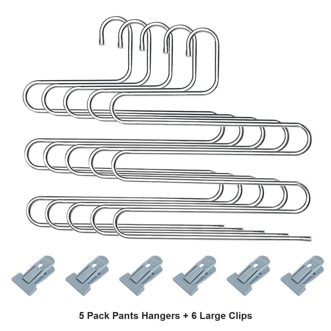 HonTop 5 Pack S-Type Multi-Purpose Pants Hangers Rack Stainless Steel Magic for Hanging Trousers Jeans Scarf Tie Clothes,Space Saving Storage Rack 5 Layers (5PCS)