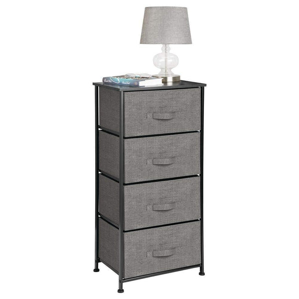Discover the mdesign vertical dresser storage tower sturdy steel frame wood top easy pull fabric bins organizer unit for bedroom hallway entryway closets textured print 4 drawers charcoal gray black