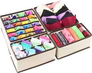 Budget yds 4 pcs collapsible beige fabric storage boxes foldable drawer dresser closet dividers organizer for underwear bra socks lingerie clothing cosmetic