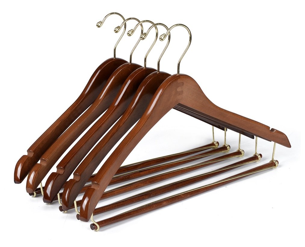 Quality Hangers Wooden Hangers Beautiful Sturdy Suit Curved Hangers Great for Travelers Heavy Duty Coat Hanger with Locking Bar Gold Hooks (5 Pack)