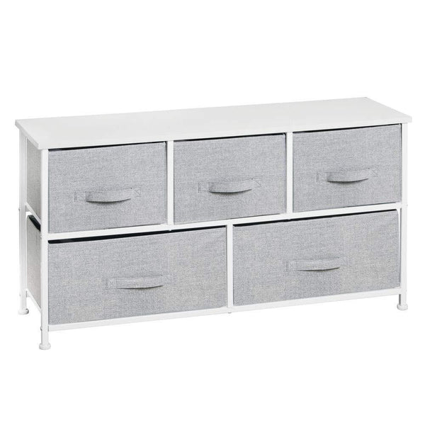 Budget friendly mdesign extra wide dresser storage tower sturdy steel frame wood top easy pull fabric bins organizer unit for bedroom hallway entryway closets textured print 5 drawers gray white