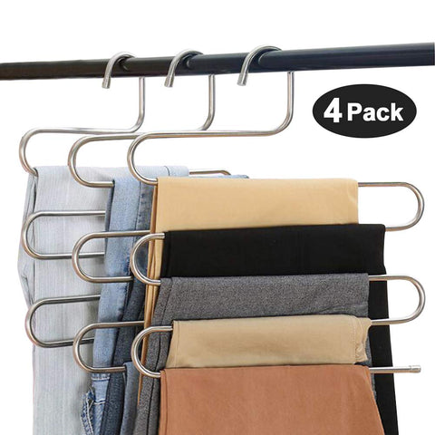 Eityilla S Type Clothes Pants Hangers Stainless Steel Space Saving Hangers 5 Layers Closet Storage Organizer for Jeans Trousers Tie Belt Scarf (4-Pieces)