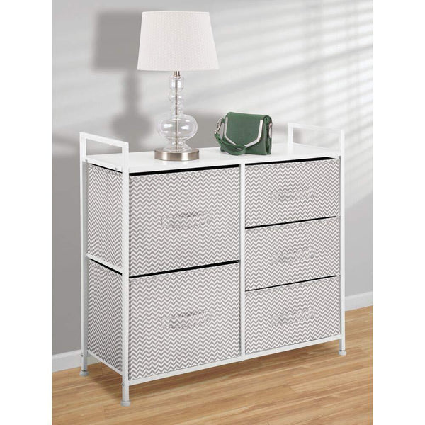 Top mdesign wide dresser storage tower sturdy steel frame wood top easy pull fabric bins organizer unit for bedroom hallway entryway closets chevron print 5 drawers taupe white