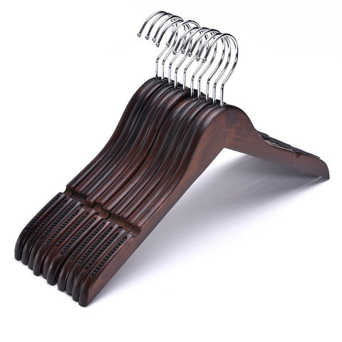 JS HANGER Wooden Coat Hangers Dark Oak Finish with Soft Non-Slip Stripes - 10 Pack