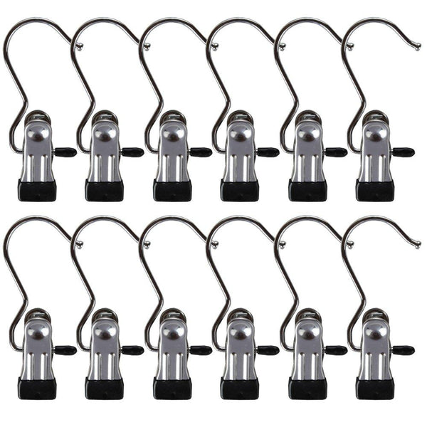 Home-X Ultra Strong Stainless Steel Hanging Clip Hook - Set of 12