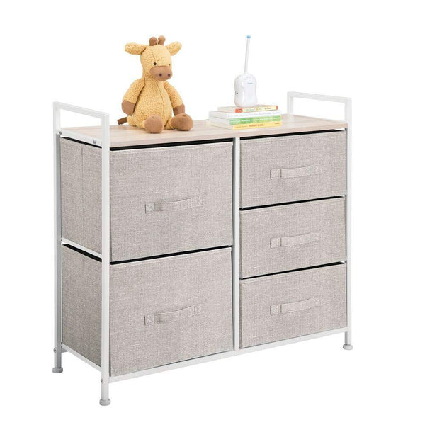 Budget friendly mdesign wide dresser storage tower sturdy steel frame wood top easy pull fabric bins organizer unit for bedroom hallway entryway closets textured print 5 drawers linen tan