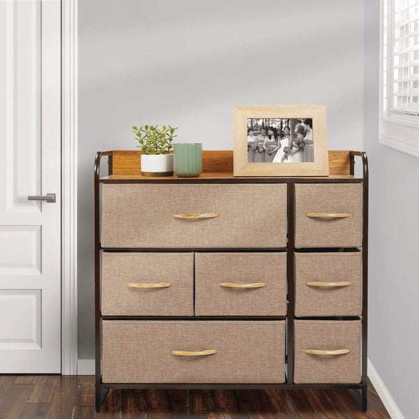 Storage organizer mdesign wide dresser storage chest sturdy steel frame wood top easy pull fabric bins organizer unit for bedroom hallway entryway closet textured print 7 drawers coffee espresso brown