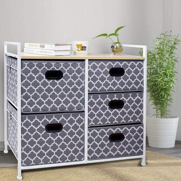 Top rated wide dresser storage tower 5 drawer chest sturdy steel frame wood top easy pull fabric bins organizer unit for bedroom playroom entryway closets lantern printing gray white