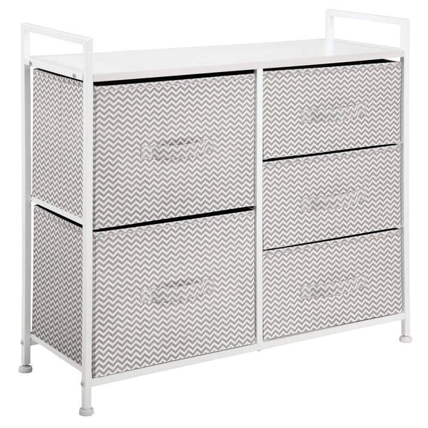 Top rated mdesign wide dresser storage tower sturdy steel frame wood top easy pull fabric bins organizer unit for bedroom hallway entryway closets chevron print 5 drawers taupe white