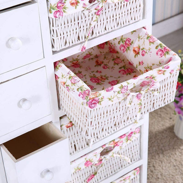 Get durable dresser storage tower 5 drawers with wicker baskets sturdy frame wood top easy pulling organizer unit for bedroom hallway entryway closet white