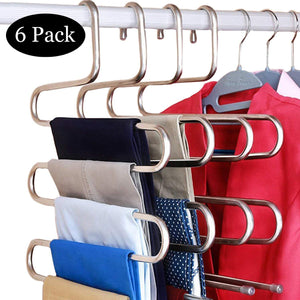DOIOWN 6 Pack Pants Hangers S-Shape Stainless Steel Clothes Hangers Space Saving Hangers Closet Organizer for Pants Jeans Scarf(5 Layers,6Pcs) (6-Pieces)