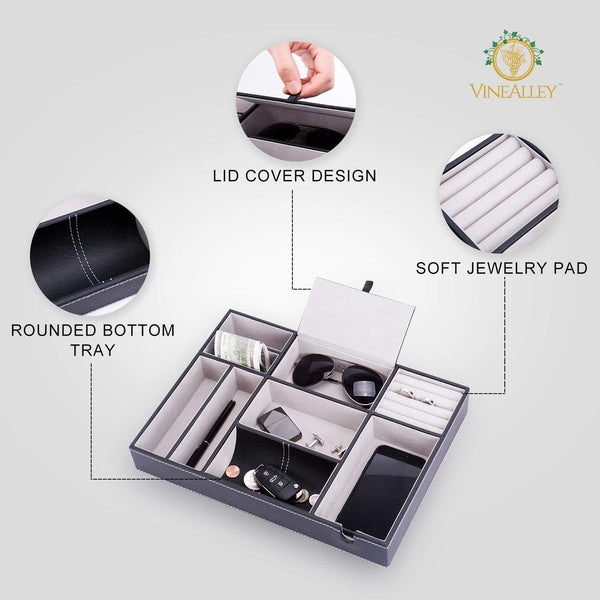Discover the best vinealley valet tray with ring storage for men and women edc catch all tray pu leather jewelry box decorative desk table bedside nightstand dresser drawer organizer for phone coin wallet accessories