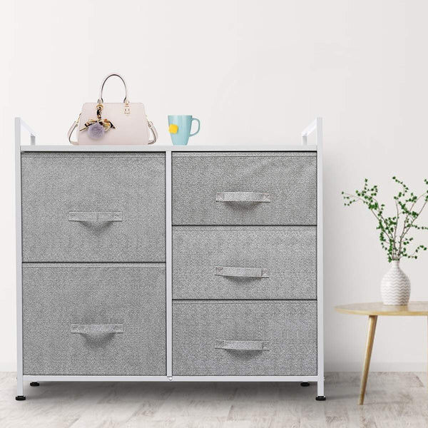 Top rated kingso fabric 5 drawer dresser storage tower organizer unit with sturdy steel frame and easy pull faux linen drawers for bedroom living room guest room dorm closet grey
