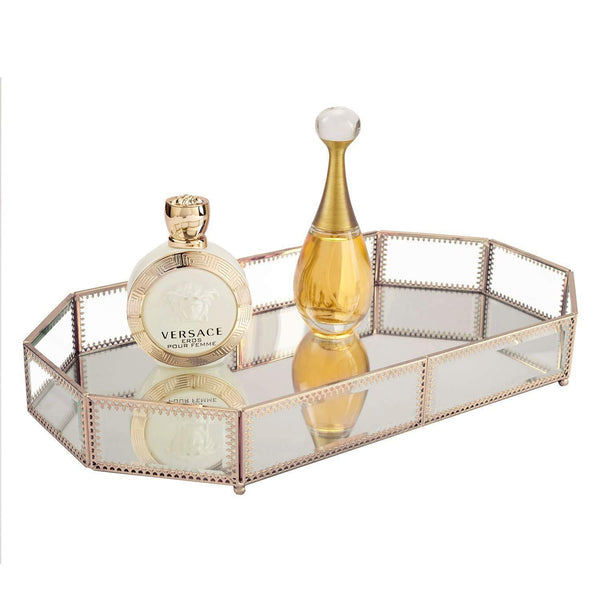 Budget hersoo large classic vanity tray ornate decorative perfume elegant mirrorred tray for skincare dresser vintage organizer for bathroom countertop bathroom accessories organizer brass